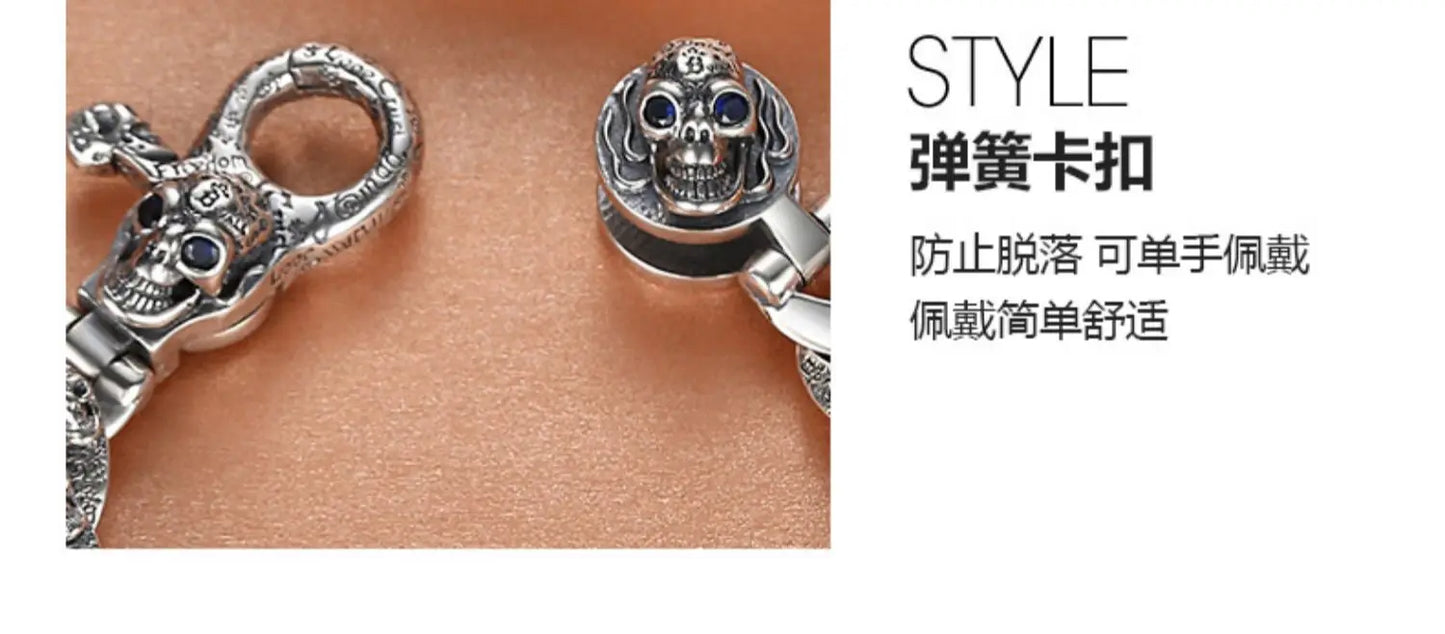 European and American S925 Sterling Silver Retro Skull Bracelet for Men, Trendy Hip-Hop Punk Bold Silver Bangle