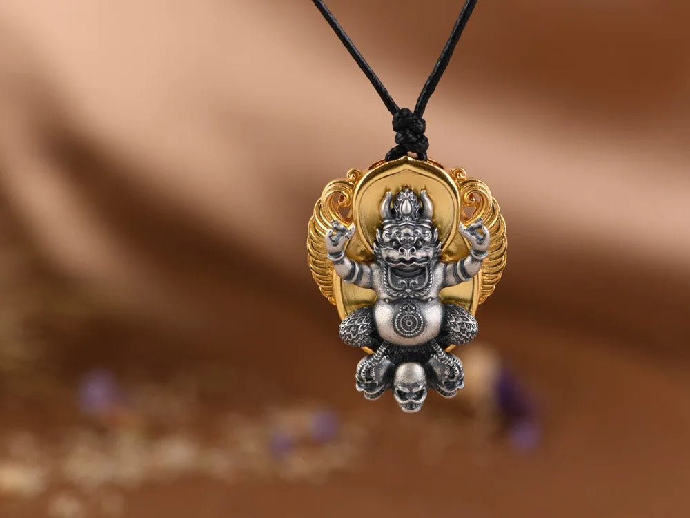 S925 Silver Pendant Necklace, Vintage Gold Flame Skull Men's Garuda Bird Chain, Gothic Statement Jewelry Gift for Men