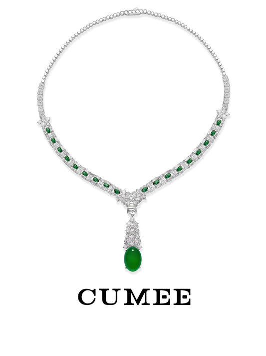 CUMEE Retro New Style Green Chalcedony Bracelet Necklace Set for Women 925 Silver Gold Plating