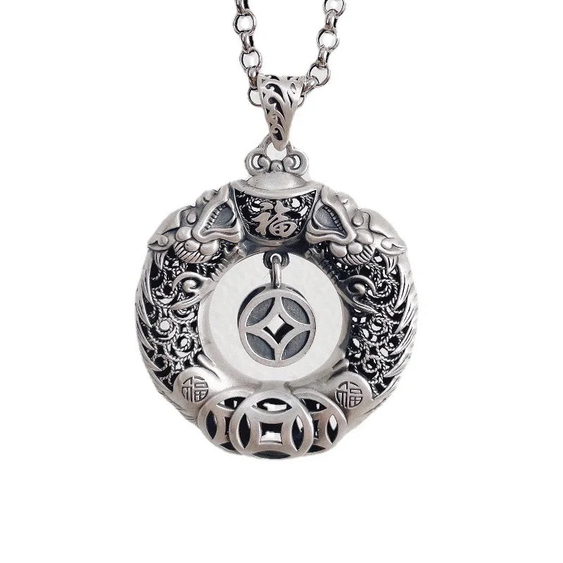Real S999 Sterling Silver Retro Lucky Double Dragons Pendant For Men Women Chinese Style Fortune Dragon Round Chain Pendant