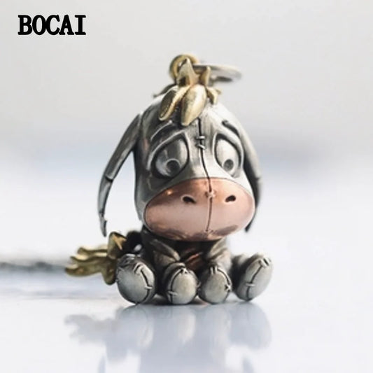 BOCAI New S925 Silver Vintage Cute Cartoon Donkey Pendant Couple Gift