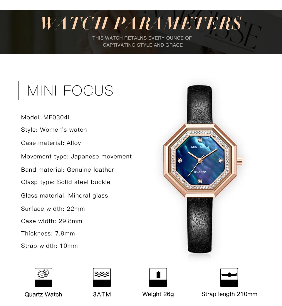 MINI FOCUS 0304 Brand Fashion Women Quartz Watch Luxury Leather Strap Waterproof Casual Girls Wristwatch Elegant Ladies Watches