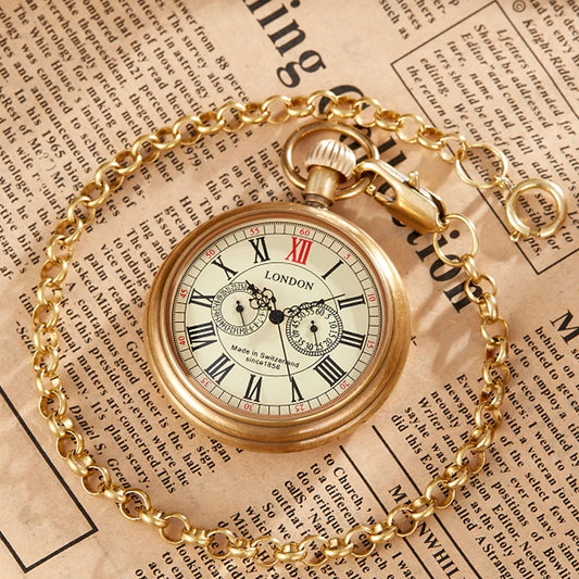 Antique Copper London 1856's Antique 5 Hands Mechanical Pocket & Fob Watches Hand Winding Skeleton Mens Pocket Watch 30Cm Chain