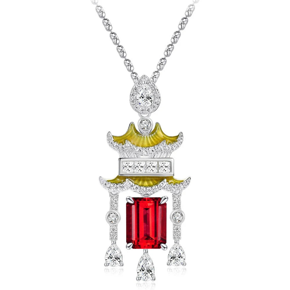WUIHA Vintage 925 Sterling Silver 7 * 9 MM Lab Sapphire Emerald Ruby High Carbon Diamonds Gemstone Pendant Necklace Fine Jewelry