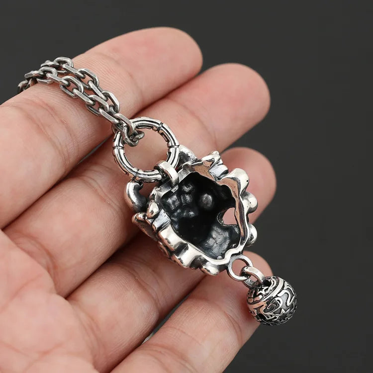 BOCAI New  Pure S925 Silver Vintage Thai Chinese Style Tang Lion Bell Pendant for Man Good Luck Jewelry Accessories