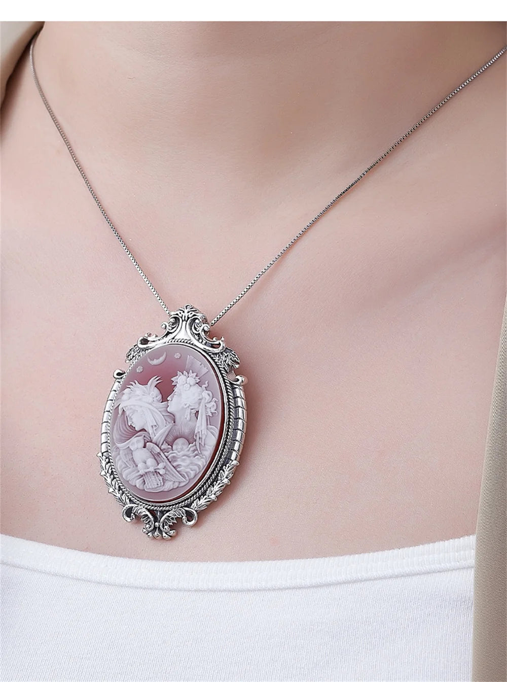 S925 Sterling Silver Charms Pendant for Women Palace Style Pattern Inlaid Red Agate Goddess Head Sculpture Jewelry Wholesale