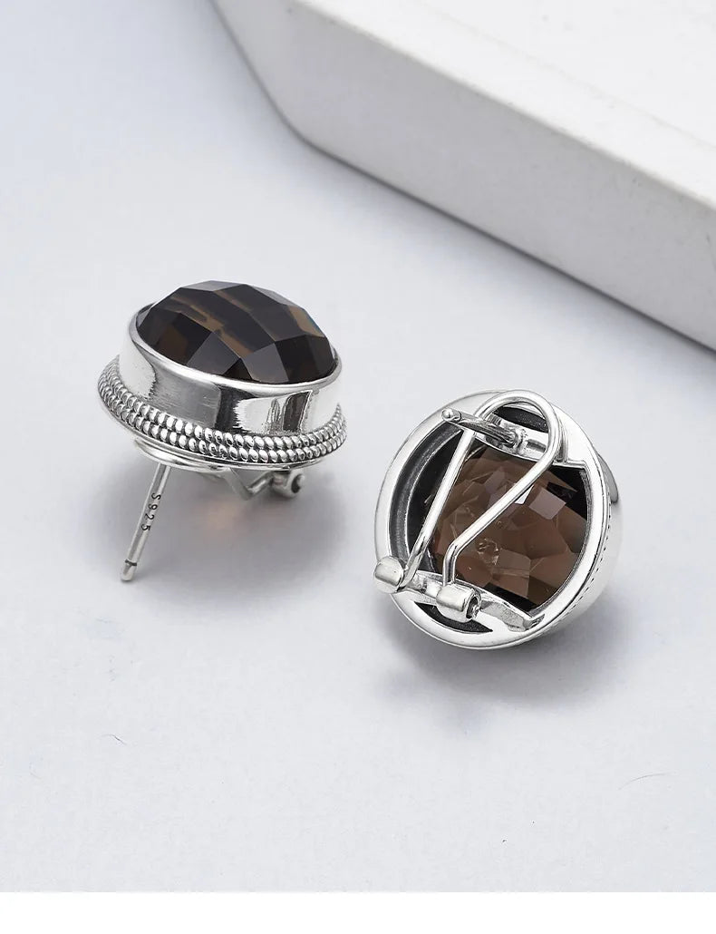 S925 Sterling Silver Studs Earring for Women Retro Edging Tangent Plane Smoky Quartz Ear Studs Fashion Classic Jewelry Wholesale