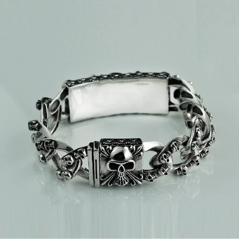 Unibabe Pure Silver Sterling 925 Silver Vintage Skull Carved Chain & Link Lock S925 Bracelet