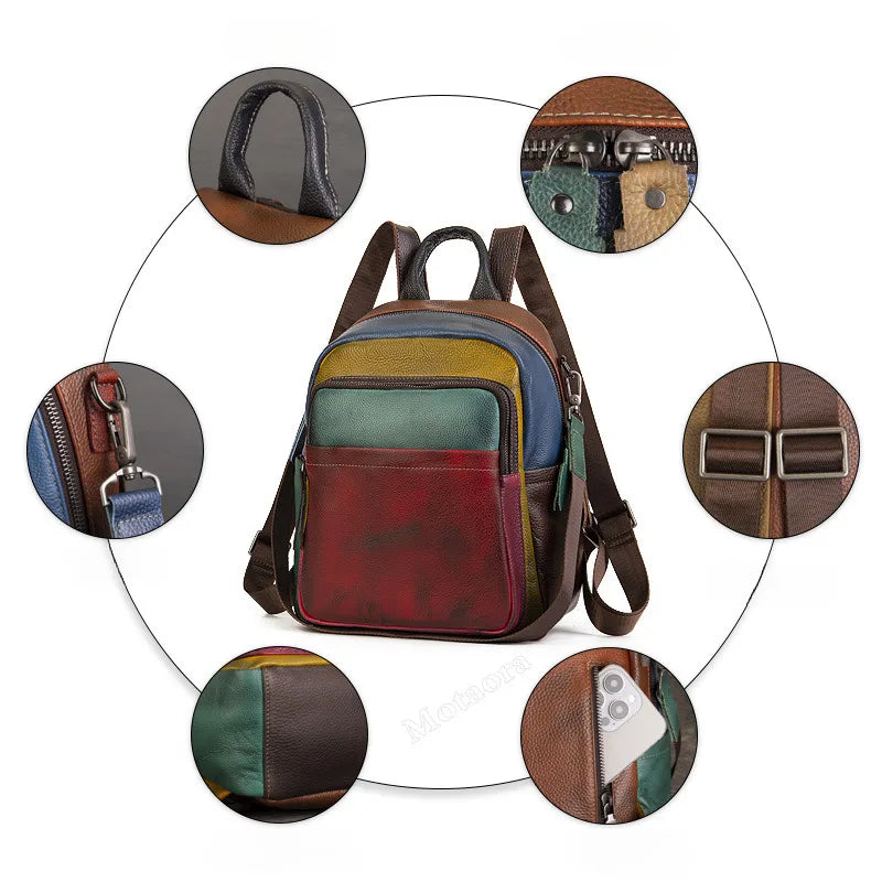 MOTAORA Women's Soft Genuine Leather Backpack Colorblock Large Capacity Travel Bag Stylish Leisure Backpack for Women Designer