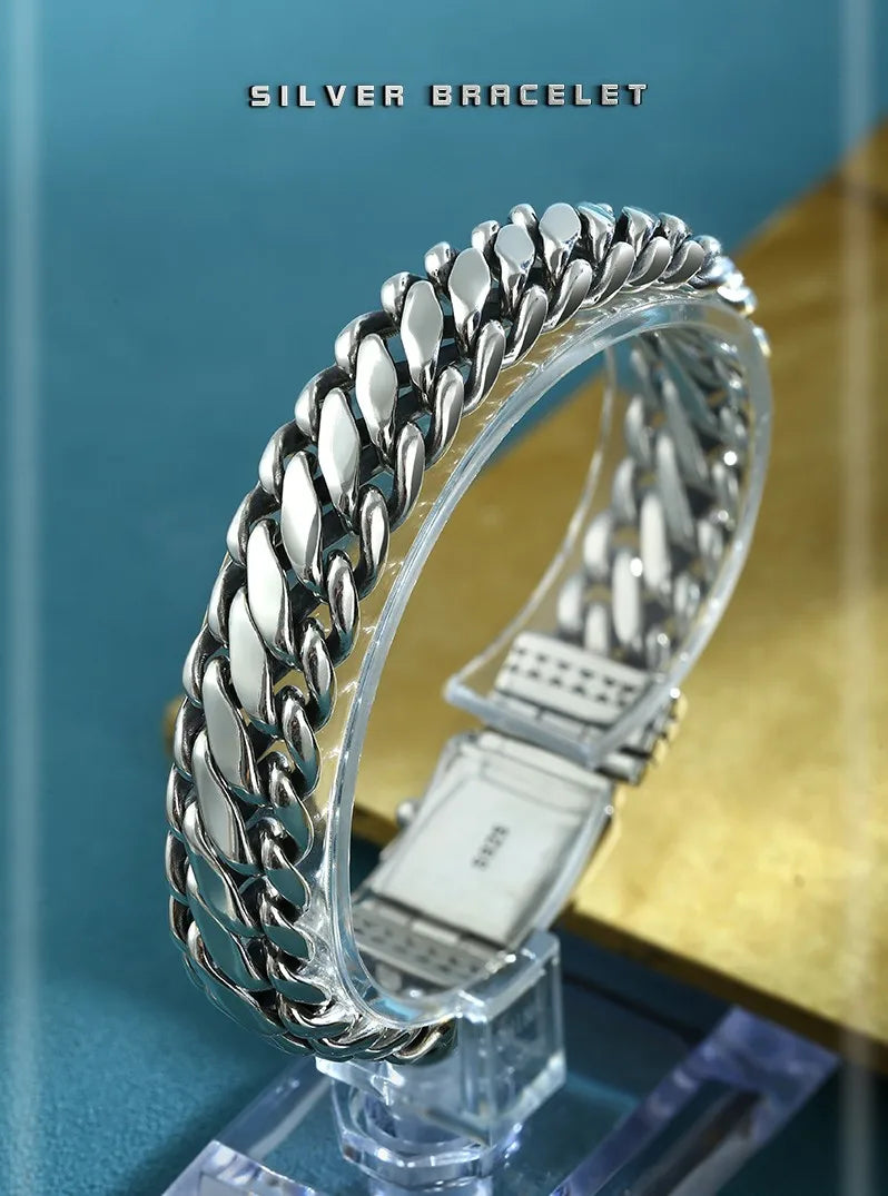 BOCAI New S925 Silver Domineering Bold Style Half Round Pattern Bolt Lock Men's Bracelet Personalized Trend Punk Hip-Hop Jewelry