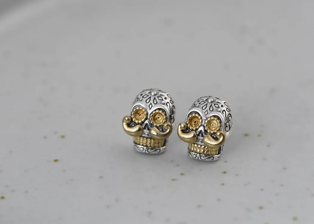 Real S925 Silver Jewelry Retro Thai Fashion Punk Style Long Beard Skull Earrings for Men