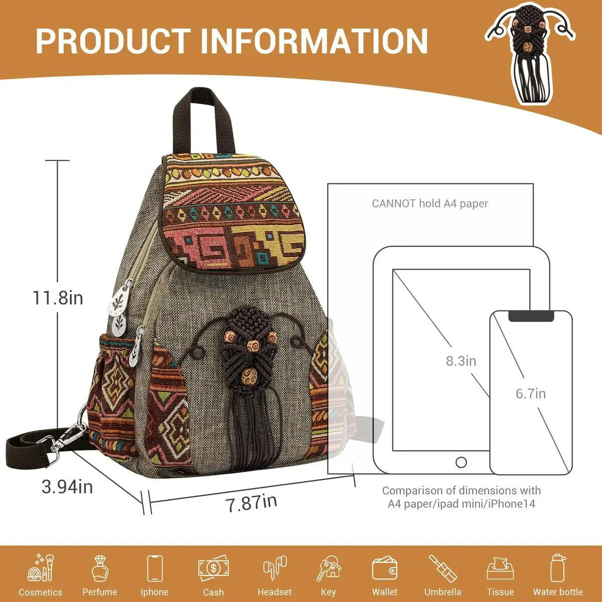 MOTAORA Handmade Women's Bohemian Backpack Vintage Canvas Mini Rucksack Ethnic Geometric Print Travel Casual Daypack Lightweight