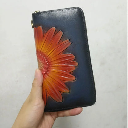 MOTAORA Women's Leather Wallet Handmade Cowhide Clutch Purse Long Zipper Card Holder Retro Painting First Layer Genuine bag