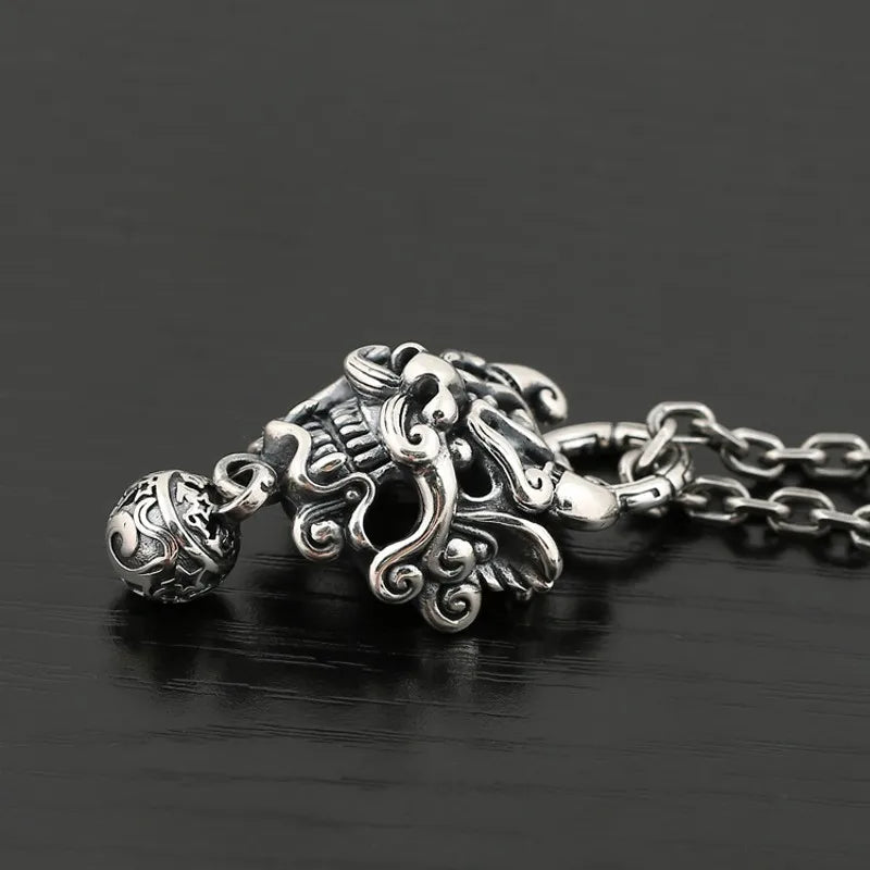BOCAI New  Pure S925 Silver Vintage Thai Chinese Style Tang Lion Bell Pendant for Man Good Luck Jewelry Accessories