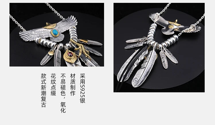S925 Silver Bridge Feather Eagle Indian Trendy Necklace Female Sweater Chain Hip Hop Men's Pendant