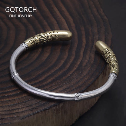 925 Sterling Silver Wukong Ruyi Golden Cudgel Bangle Bracelet for Men Six Words Mantra Engraved Fashion Vintage Jewelry