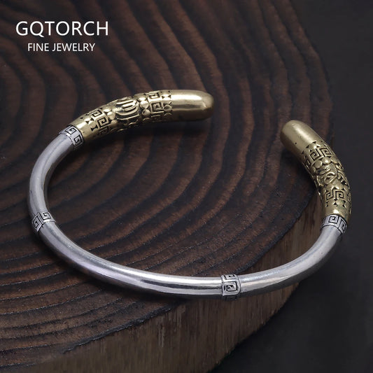 925 Sterling Silver Wukong Ruyi Golden Cudgel Bangle Bracelet for Men Six Words Mantra Engraved Fashion Vintage Jewelry