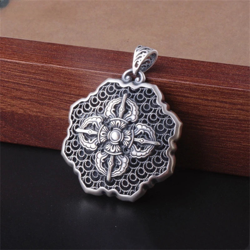 BOCAI S999 Sterling Silver Charm Pendants Hollow Out Lotus Vajra Pestle Hanging Jewelry Pure Argentum Amulet for Men and Women