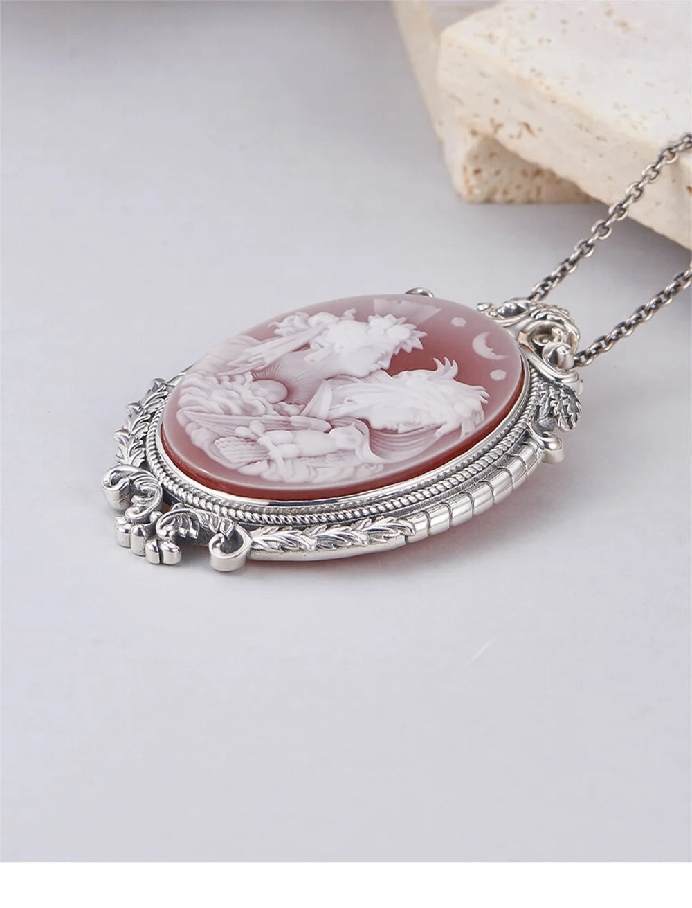 S925 Sterling Silver Charms Pendant for Women Palace Style Pattern Inlaid Red Agate Goddess Head Sculpture Jewelry Wholesale