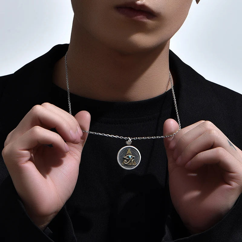 Necklace Pendant Real 925 Sterling Silver Men Eye Of God Horus Inlaid Turquoise Vintage Jewelry Free Dropshipping P28