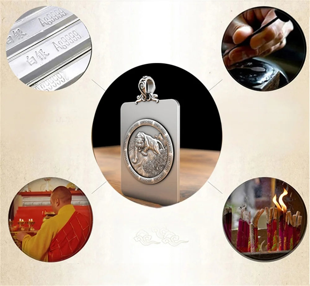 BOCAI S999 Sterling Silver Charms Pendants for Women Men New Fashion Solid Zodiac Tiger Square Punk Jewelry Amulet Wholesale