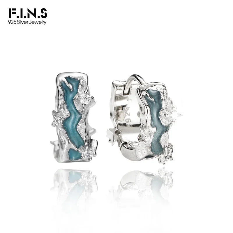 F.I.N.S S925 Sterling Silver Irregular Shaped Hoop Earrings Enamel Zircon Small Piercing Ear Buckles Retro Old Fine Jewelry