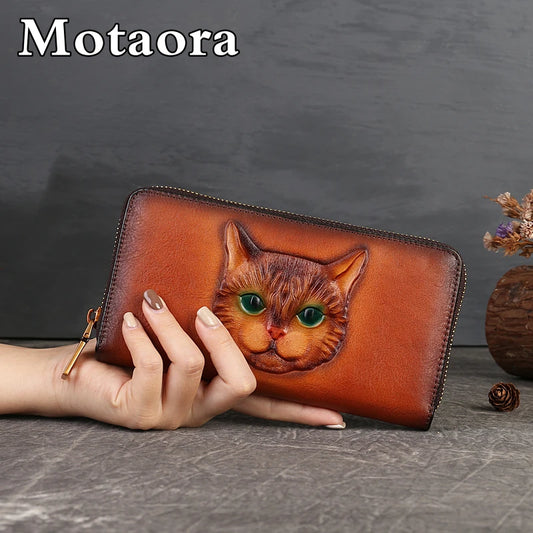 MOTAORA 2025 New Vintage Women's Wallet Long Genuine Leather Wallets Women Purses For Ladies Handmade Embossed Woman Card Holder