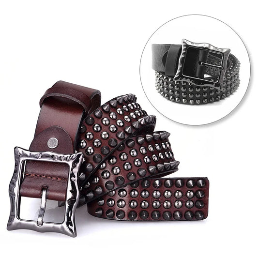 Men Genuine Leather Belt Spike Rivet Studded Fashion Punk Hop Waistband Cowhide Leather Belt Unisex Jeans Accessories