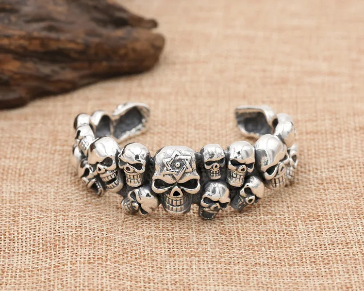 S925 sterling silver jewelry retro thai silver domineering men skull trendy punk style open bracelet