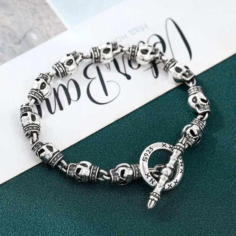 S925 sterling silver bracelet men thick skull heavy industry thai silver retro distressed punk trendystylish jewelry