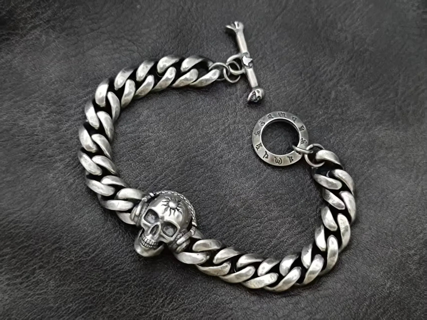BOCAI Retro Style S925 Sterling Silver with Pattern Trendy Personalized Skull Bracelet for Men