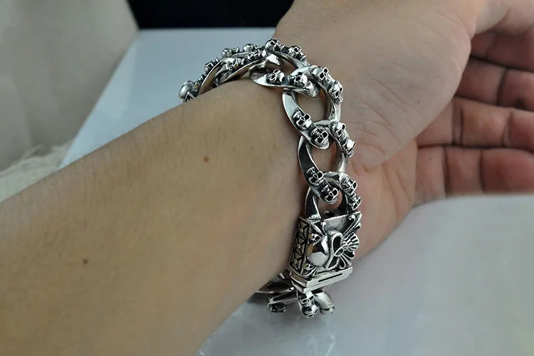 Unibabe Pure Silver Sterling 925 Silver Vintage Skull Carved Chain & Link Lock S925 Bracelet
