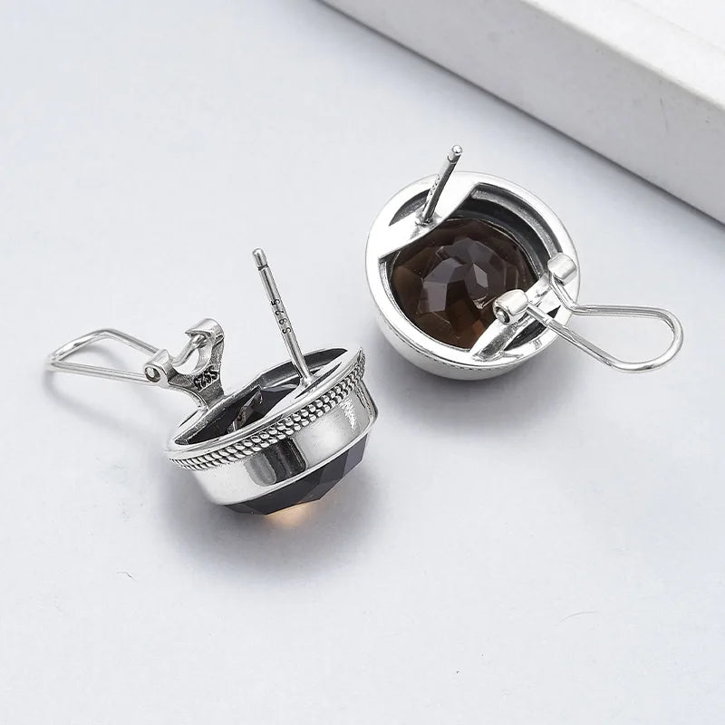 S925 Sterling Silver Studs Earring for Women Retro Edging Tangent Plane Smoky Quartz Ear Studs Fashion Classic Jewelry Wholesale