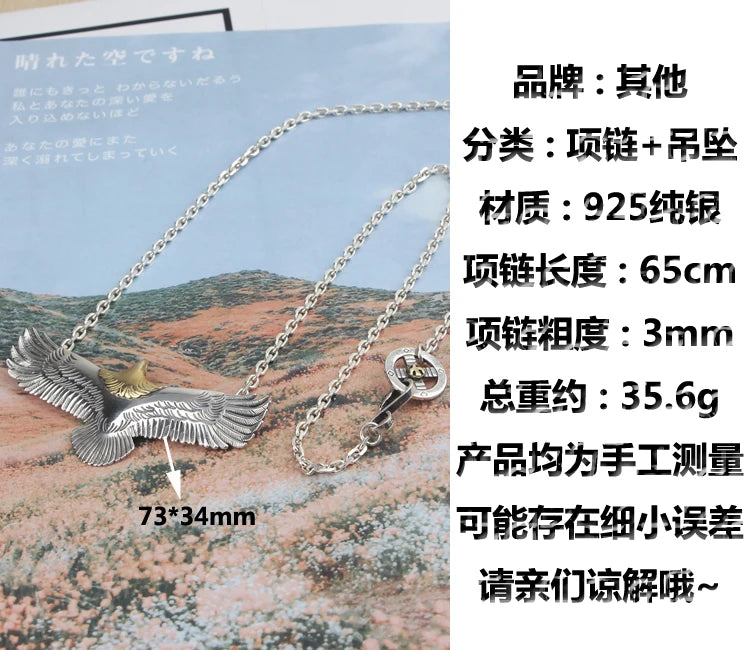 Japanese Style Trendy S925 Sterling Silver Eagle Pendant Necklace for Men and Women Sweater Chain Hip-Hop Punk Style Jewelry