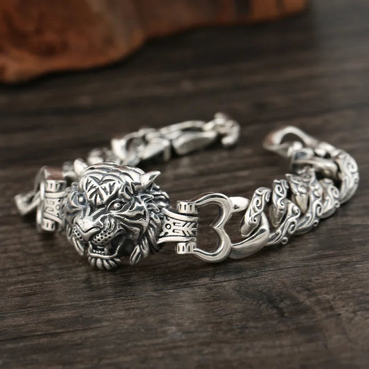Ethnic style punk 925 sterling silver men's domineering tiger head bracelet wide face personalized trendy vine pattern vintage b