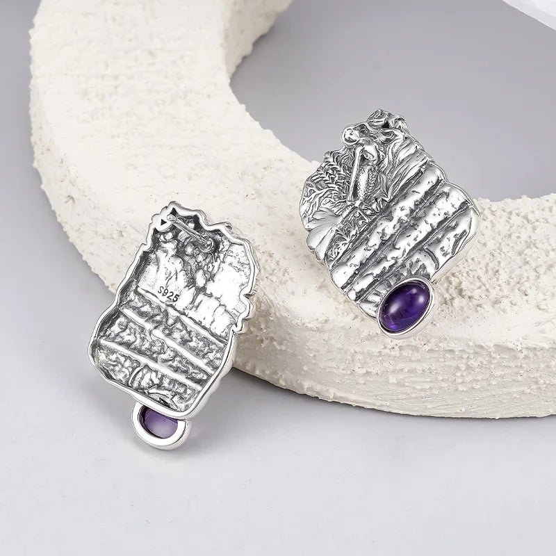 S925 Sterling Silver Stud Earrings for Women Mermaid Retro Texture Geometric Pattern Inlaid Amethyst Ear Stud Jewelry Wholesale