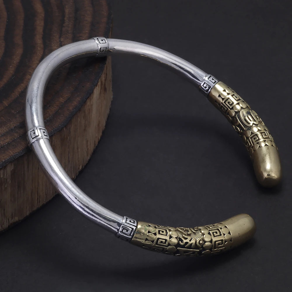 925 Sterling Silver Wukong Ruyi Golden Cudgel Bangle Bracelet for Men Six Words Mantra Engraved Fashion Vintage Jewelry