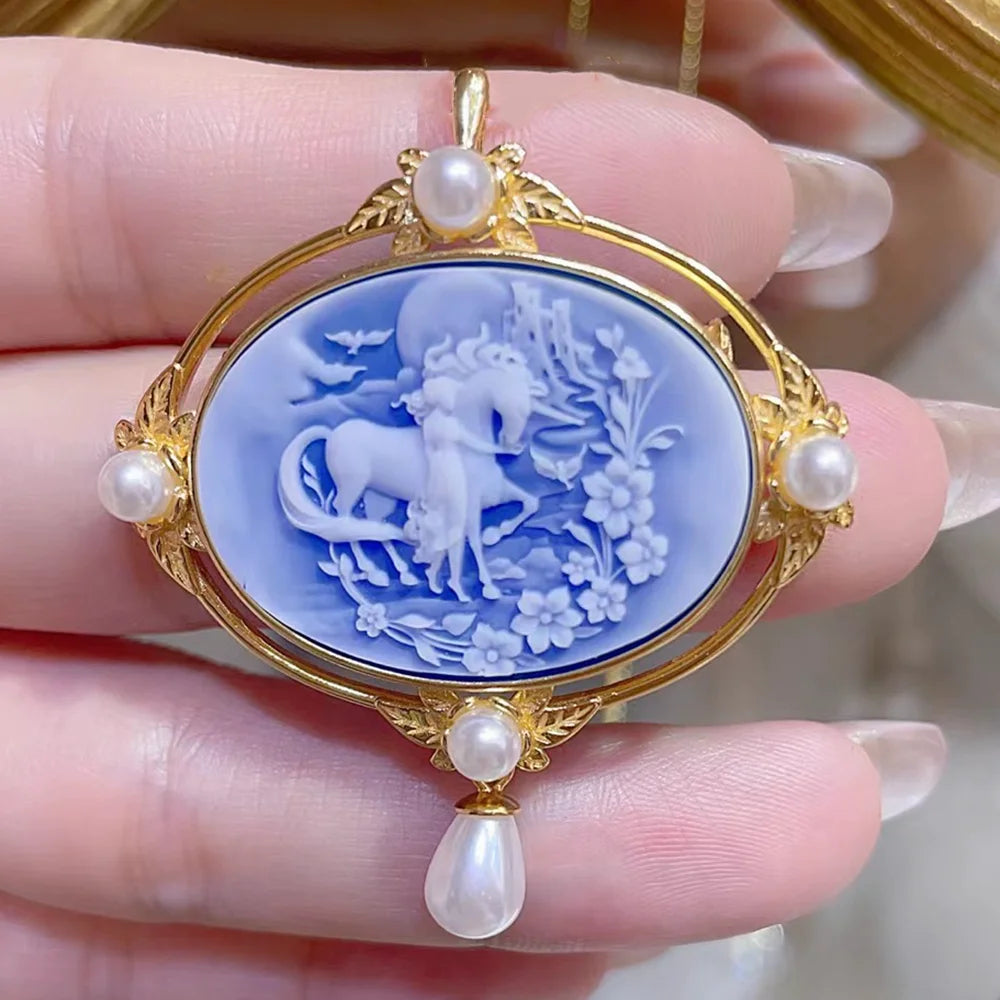 925 Sterling Silver Cameo Charms & Pendant Natural Agate Horse Pendant for Jewelry Making