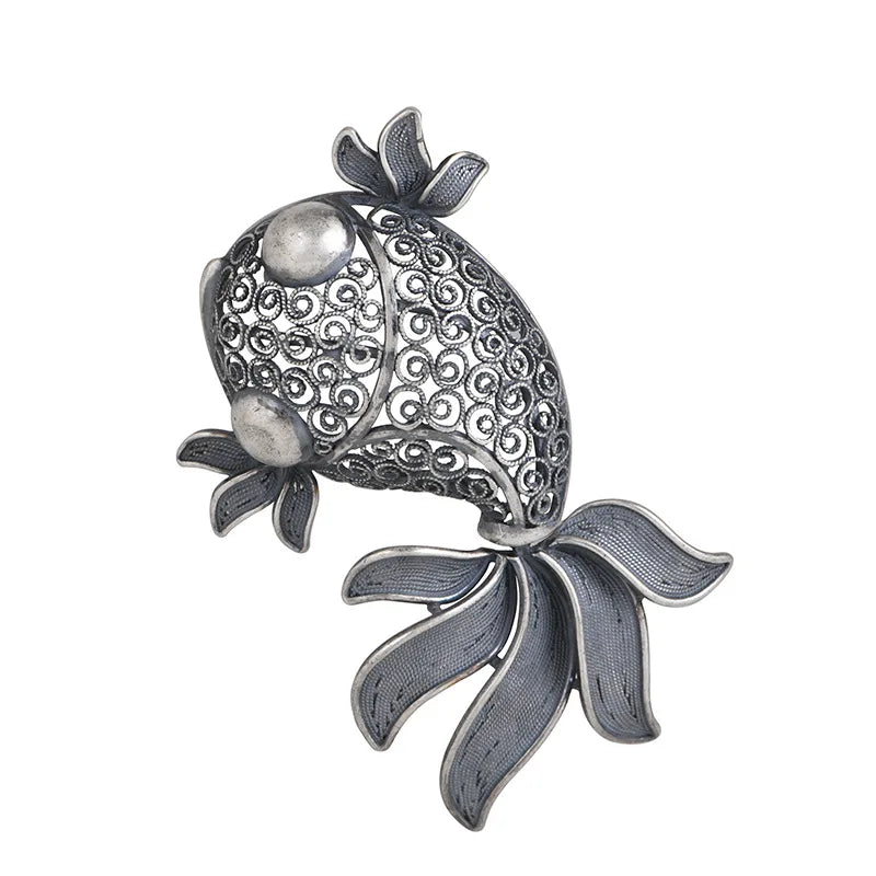 New S925 Silver Retro Vintage Hollowed Out Cute Goldfish Pendant For Ladies Fashionable Lucky Gift