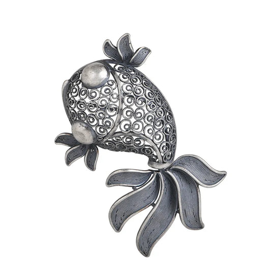 New S925 Silver Retro Vintage Hollowed Out Cute Goldfish Pendant For Ladies Fashionable Lucky Gift
