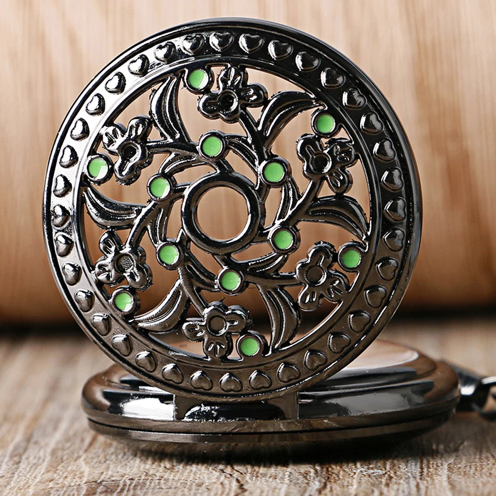 Men's Black Flower Green Dots Decor Mechanical Hand Winding Pocket Watch 30 cm Fob Chain Pendant Timepiece Antique Stylish Gift