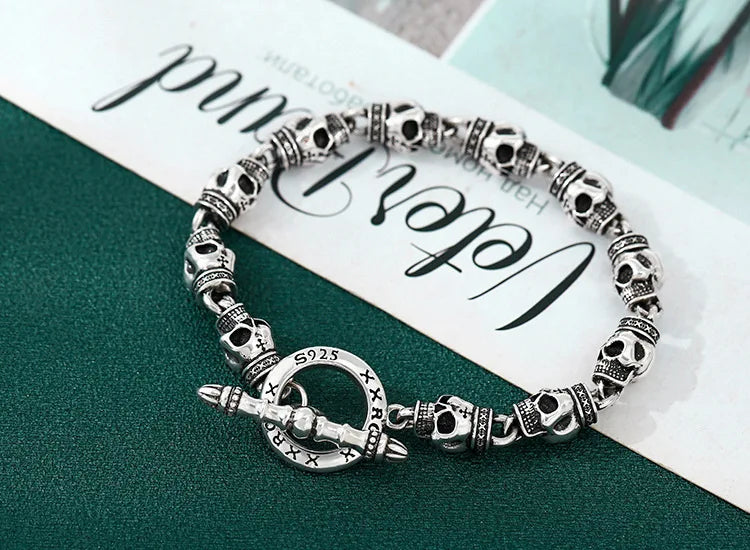 S925 sterling silver bracelet men thick skull heavy industry thai silver retro distressed punk trendystylish jewelry