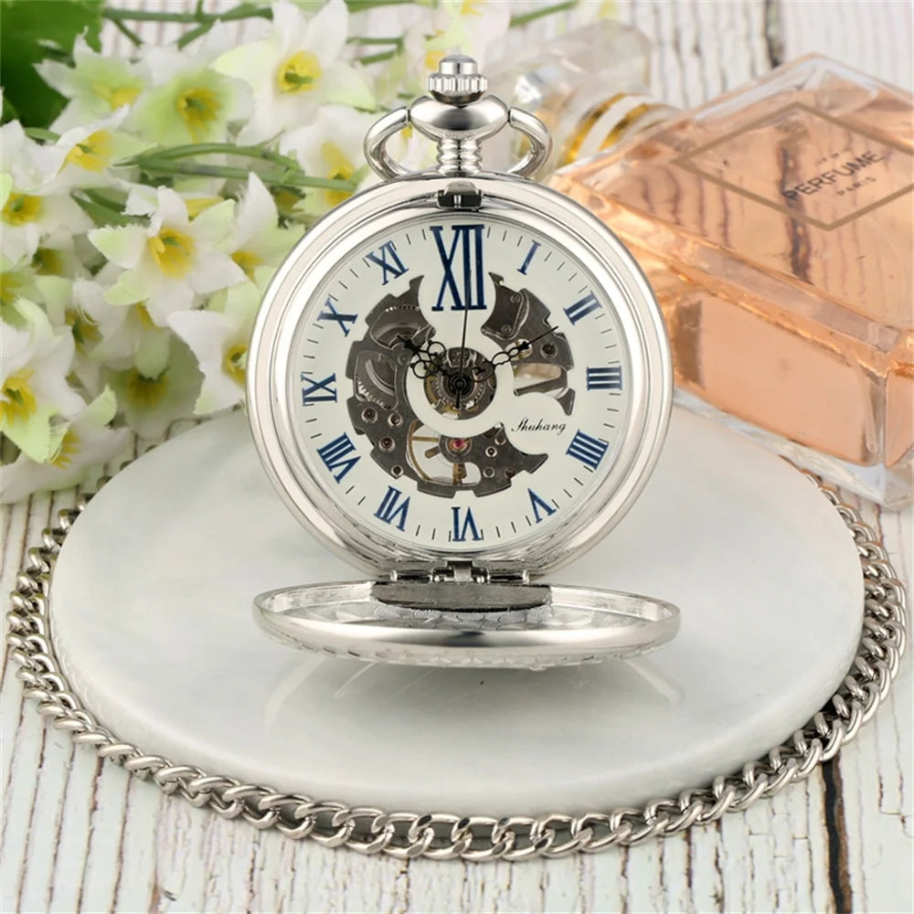 Steampunk Vintage Train Pattern Mechanical Hand-wind Pocket Watch Red Copper Pendant Antique Clock Manual Mechanism Timepiece