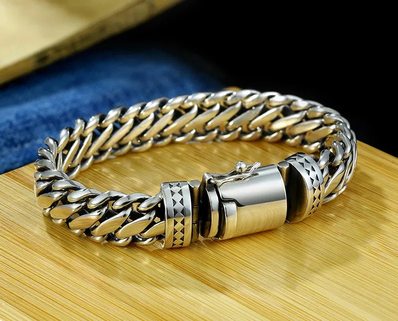 BOCAI New S925 Silver Domineering Bold Style Half Round Pattern Bolt Lock Men's Bracelet Personalized Trend Punk Hip-Hop Jewelry