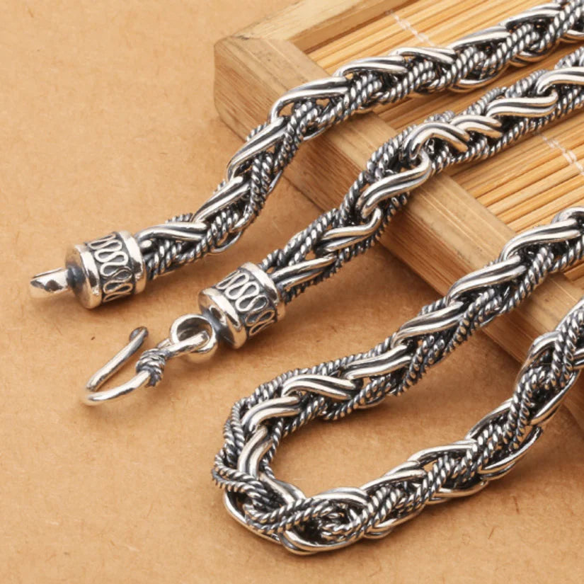 Unibabe Real Silver Vintage Heavy Weave Necklace Men Male S925  Sterling Silver Rope Long Chain Retro Pendant Necklace Jewelry