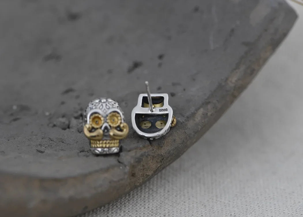Real S925 Silver Jewelry Retro Thai Fashion Punk Style Long Beard Skull Earrings for Men