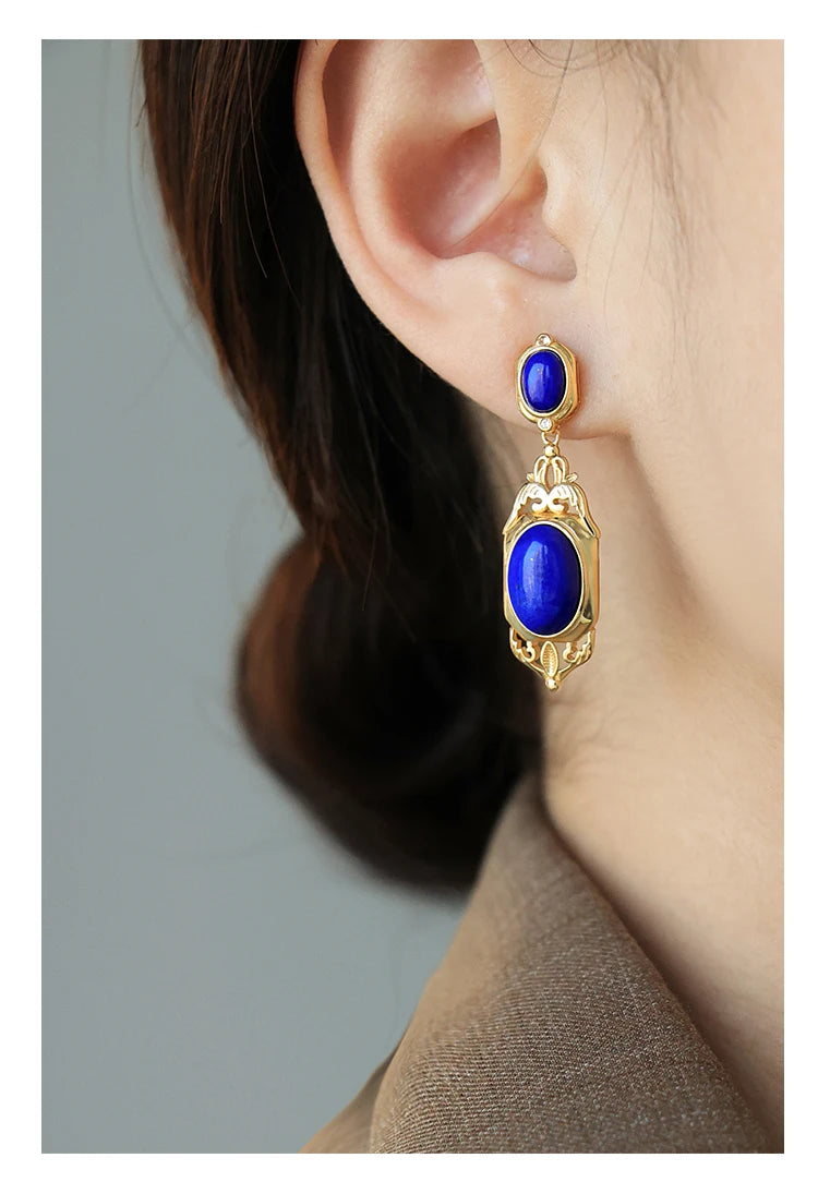 Natural Lapis Lazuli Earrings S925 Sterling Silver Gold-plated Retro French High-end Niche Blue Classical Earrings