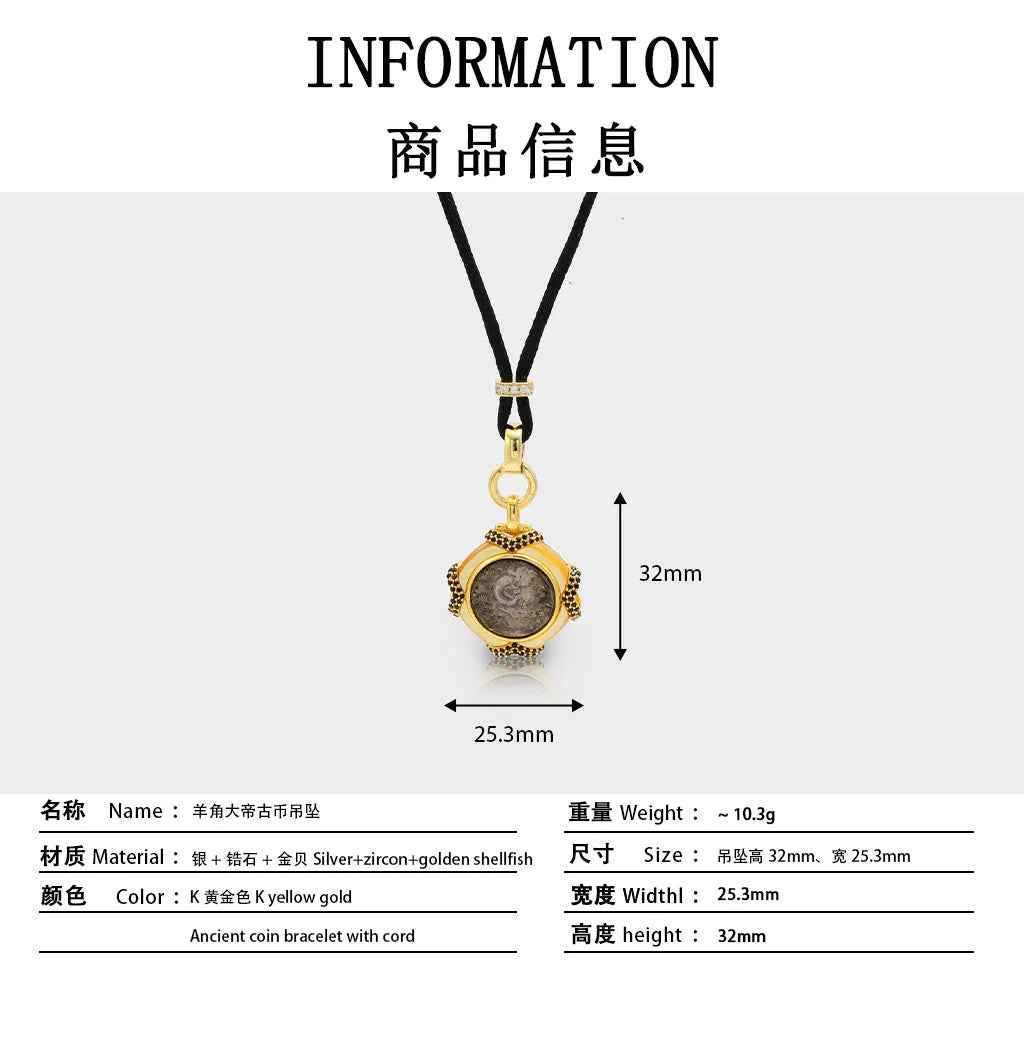 s925Silver Plated Ancient Greek Horn Emperor Ancient Coin Necklace Pendant Replica God King Zeus Heavy Craft Inlaid Mother-of-Pe