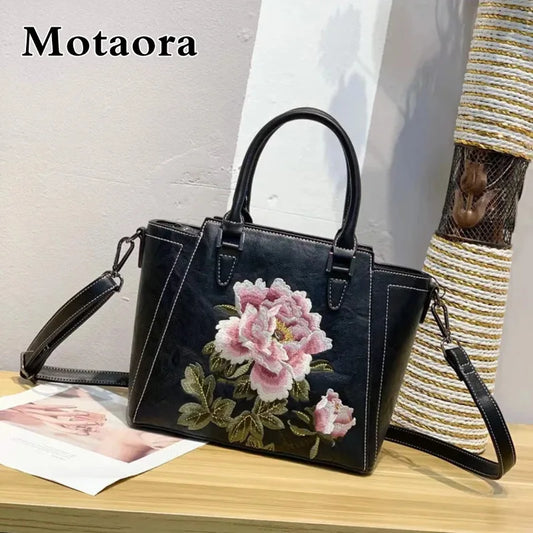 MOTAORA 2025 New Chinese Style Women's Leather Shoulder Bag | Embroidery Flower Handbag