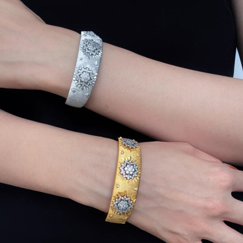 BELLUX S925 Silver Plated K Gold Vintage Texture-Engraved Gold Hollow Wide Fine Jewelry Open Bracelet